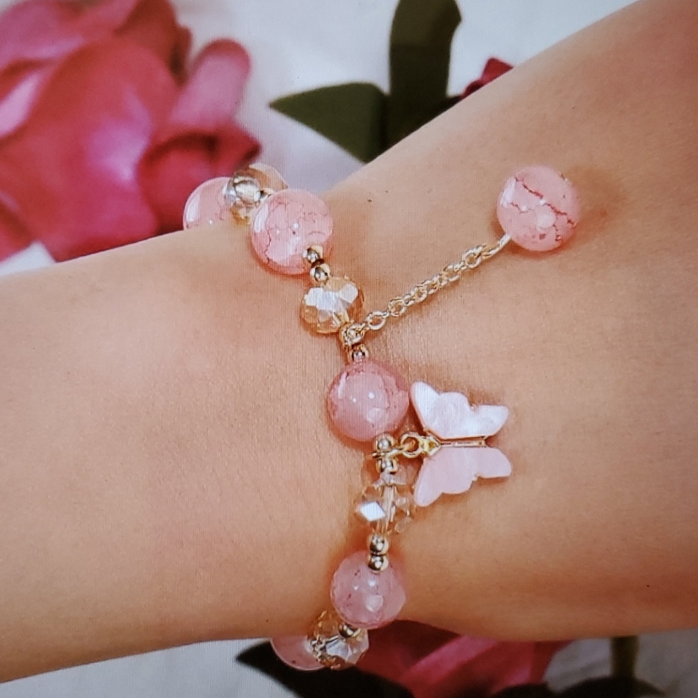 Pink Crystal Butterfly Charm  Beaded Bracelet